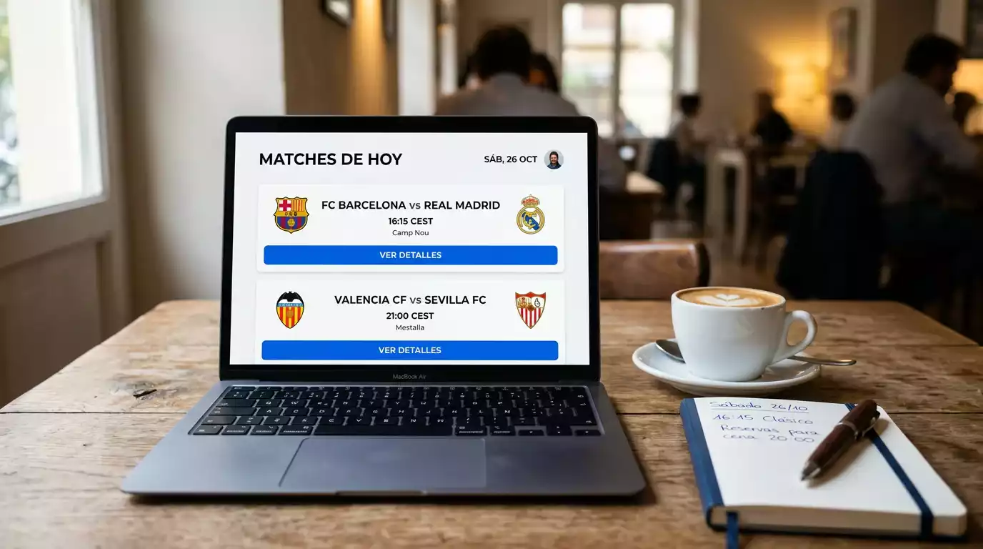 Portátil abierto junto a un café mostrando información sobre la J-League en una mesa de trabajo